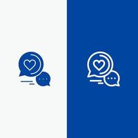 mensaje de burbuja de chat sms chat romántico pareja línea de chat y glifo icono sólido banner azul línea y glifo icono sólido banner azul vector