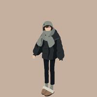 Vector illustration of Kpop street fashion. Street fashion look. Korean japanese asian cartoon style. Winter fashion clothes.