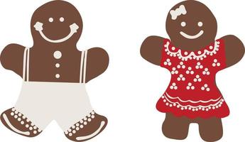 Gingerbread boy and girl cookies. New year cookies, sweets. Holiday winter symbols. Cartoon colorful illustration. Cooking, new year's eve, food. Vector illustration.