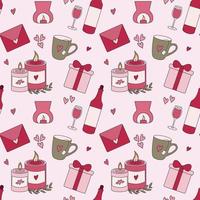 Valentines day seamless pattern with wine, candle and love card vector