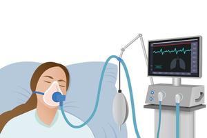 The patient lies on a hospital bed with an oxygen mask on a ventilator in critical condition. Emergency medical care. Resuscitation of patient vector