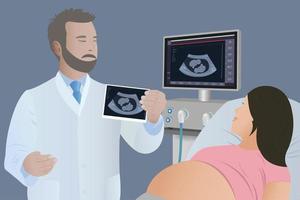 imagen de ultrasonido de gemelos recién nacidos en la mano del médico y en el monitor. silueta de feto gemelo en el útero de la madre, ecografía de diagnóstico de embarazo o concepto de ultrasonido vector