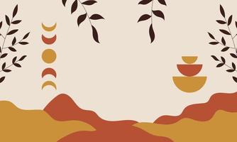 Aesthetic background. Boho background. Background with sun, moon, leaves and geometric shapes in boho and aesthetic style. Vector Illustration.