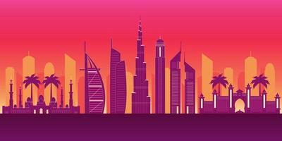 Dubai silhouette vector illustration. Vector illustration with all famous towers. United Arab Emirates skyscraper buildings silhouette.