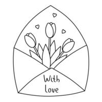 Envelope with flowers and leaves. Line vector illustration of black and white tulips for greeting card.