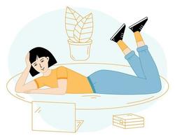Student girl with laptop studying and works online at home. Young woman lying on stomach. Vector illustration for education.