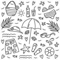 Hand drawn set of sea beach elements. Vector illustration of doodle style. Summer contour icons on white background.