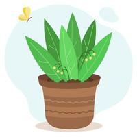 Potted plant with berries. Vector illustration of butterfly circling around flower.