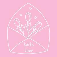 Envelope with flowers and hearts on pink background. Line vector illustration for greeting card.