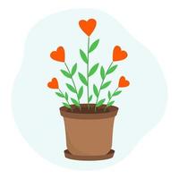 Flowers in form heart. Love plant in pot. Vector illustration. Design for Valentines Day. The concept of goodness and love.