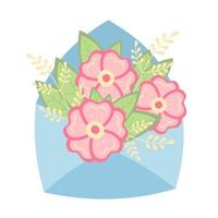 Envelope with flowers. Vector illustration with pink flowers and plants elements. Design for greeting card.