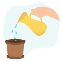 Hand is watering sprout in pot. Jug with drops of water. Vector illustration of young plant.