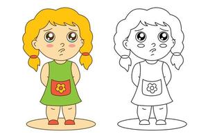 Sad little girl. Drawing of offended child. Isolated vector illustration. Coloring page, hand drawn doodle sketch style.