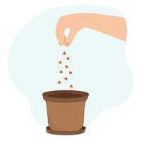Hand sows seeds of hearts into flower pot. Flat vector illustration on blue background. The concept of kind and love.