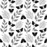 polillas negras patrón sin costuras ilustración vectorial mariposas negras y plantas sobre fondo blanco. vector