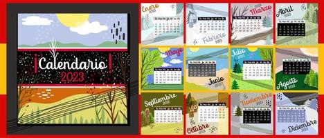 calendario 2023 en idioma español. colorido calendario mensual con varios paisajes. portada y 12 páginas mensuales. la semana comienza el lunes, ilustración vectorial. páginas cuadradas.
