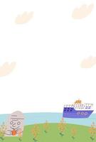 Jeju Island poster with empty space for text, flat vector illustration. Dol hareubang stone holding tangerine ship swimming in the sea and blooming rapeseed flowers.