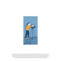 flat design style blue and yellow or orange taking video for broadcasting with camera and tripod minimal vector illustration.