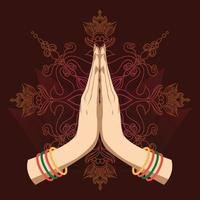 Illustration of karma depicted with Namaste, Indian women's hand greeting posture of namaste with lotus flower vector illustration