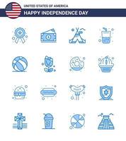 Set of 16 Vector Blues on 4th July USA Independence Day such as ball cola tent free summer glass Editable USA Day Vector Design Elements