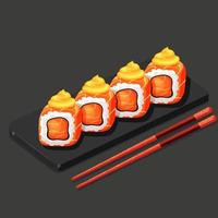 juego de rollos de sushi con salmón, queso cremoso. rollos filadelfia en bandeja de piedra con palillos de madera vector