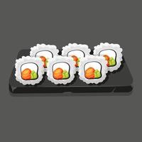 plato de piedra con juego de rollos de sushi con arroz, nori y salmón con pepino. dibujos animados de comida asiática