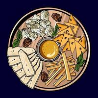 diferentes variedades de queso, chiles y hierbas sobre una tabla de madera rústica. conjunto vectorial de productos lácteos realistas. rebanadas coleccionables aisladas y rebanadas de queso utilizadas para menús de restaurantes vector