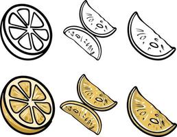 Lemon set. Abstract modern set of lemon icons, whole and sliced, isolated on a white background. For web, print, product design, lemon logo. Doddle, line, contour. Vector hand-drawn flat illustration.