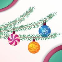 Christmas tree decorations. Colorful decor balls on fir tree branches. Flat vector illustration. Elements for Xmas designs, greeting cards