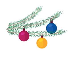 Christmas tree decorations. Colorful decor balls on fir tree branches. Isolated vector illustration on white background. Element for Xmas designs, greeting cards