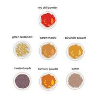 set of seven indian spices in bowls icon isolated on white background vector