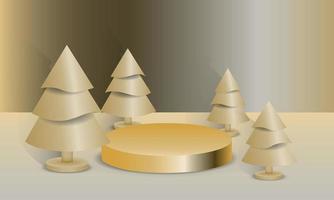 Abstract minimal mock up scene. Geometry podium shape for show cosmetic product display and goods. Stage pedestal, platform. Winter christmas gold background with gold christmas trees. 3D vector