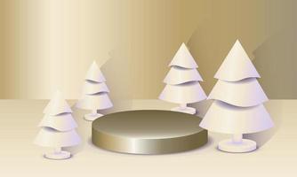 escena de maqueta mínima abstracta. forma de podio de geometría para exhibición de productos cosméticos y productos. pedestal de escenario, plataforma. fondo de oro de navidad de invierno con árboles de navidad blancos. vectores 3d