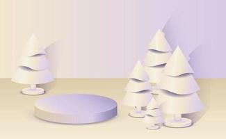 escena de maqueta mínima abstracta. forma de podio de geometría para exhibición de productos cosméticos y productos. pedestal de escenario, plataforma. fondo de oro de navidad de invierno con árboles de navidad blancos. vectores 3d