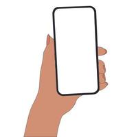 Hand-drawn phone with human hand flat vector illustration. mobile