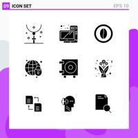 Set of 9 Commercial Solid Glyphs pack for globe globe monitor global security food Editable Vector Design Elements