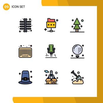 9 Universal Filledline Flat Color Signs Symbols of professional mic spruce code bar code Editable Vector Design Elements