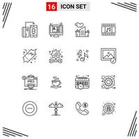 Mobile Interface Outline Set of 16 Pictograms of discount film reel resume film pollution Editable Vector Design Elements