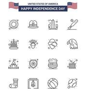 Set of 16 Vector Lines on 4th July USA Independence Day such as fire usa sight sports baseball Editable USA Day Vector Design Elements