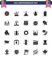 Set of 25 Modern Solid Glyph pack on USA Independence Day drink cake camp cash money Editable USA Day Vector Design Elements