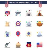 Set of 16 Modern Flats pack on USA Independence Day usa bag building tent camp Editable USA Day Vector Design Elements