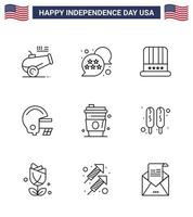 conjunto de líneas del día de la independencia de estados unidos de 9 pictogramas de estados unidos de jugo alcohol sombrero casco elementos de diseño de vector de día de estados unidos editables estadounidenses