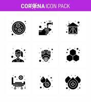 Coronavirus Prevention Set Icons 9 Solid Glyph Black icon such as  wear protection home mask stay home viral coronavirus 2019nov disease Vector Design Elements