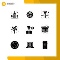 paquete de iconos vectoriales de stock de 9 signos y símbolos de línea para el trabajo en dólares clave de encendido hombre molino de viento elementos de diseño vectorial editables vector