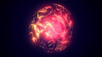 A round planet with a molten core in the center in space, a star sphere with a fiery magical luminous energy field from plasma. Abstract background. Video in high quality 4k, motion design