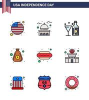 feliz día de la independencia 9 líneas llenas planas paquete de iconos para web e imprimir bolsa de hot dog beber dinero vidrio elementos de diseño de vector editables del día de estados unidos