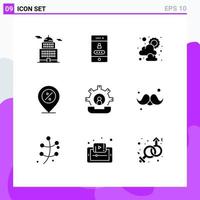 Pack of 9 Modern Solid Glyphs Signs and Symbols for Web Print Media such as contact location sun percentage offer Editable Vector Design Elements