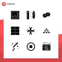 Pictogram Set of 9 Simple Solid Glyphs of wrench options chatting interior drawer Editable Vector Design Elements