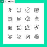 Group of 16 Outlines Signs and Symbols for online tv chemistry television news Editable Vector Design Elements