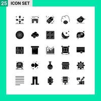 Pack of 25 creative Solid Glyphs of machine engine heart god cloud Editable Vector Design Elements
